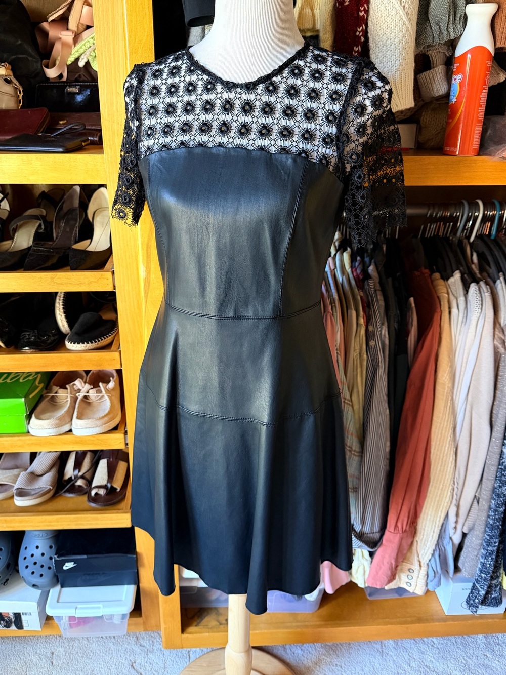 ZARA Black Lace Yoke Faux Leather Fit-and-Flare Dress